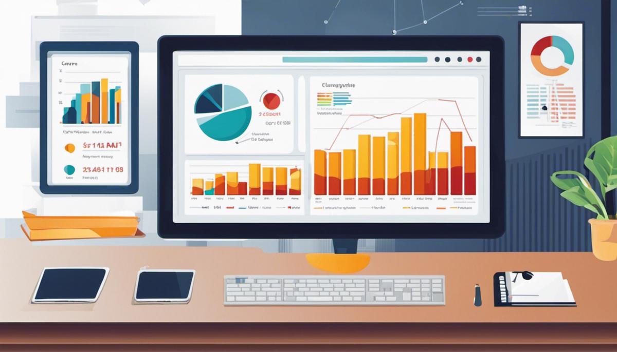 Illustration of a computer screen showing data analytics with graphs and charts